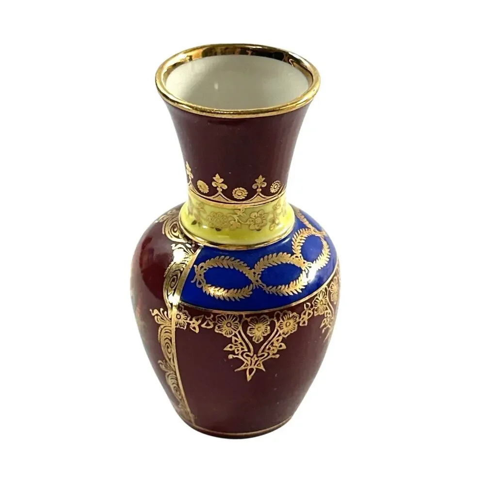 Vintage German Porcelain Mini Vase Courting Couple Gold Cobalt Burgundy 4”